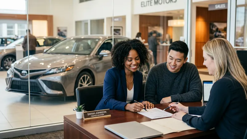 Couple reviewing auto loan documents at a car dealership with new vehicle in background