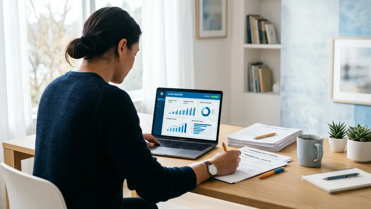 Blue Sky Loans review - man reviewing loan offer on laptop at desk