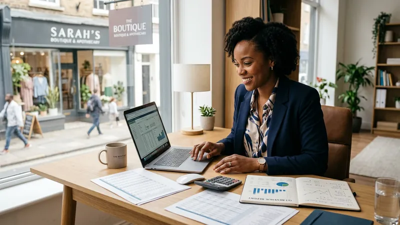 Small business owner reviewing loan application on laptop in modern office