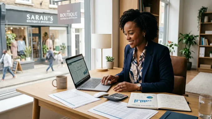 Small business owner reviewing loan application on laptop in modern office
