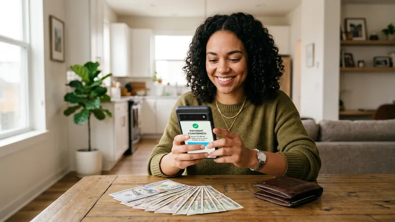 Person receiving cash advance funds on mobile phone with money and wallet on table