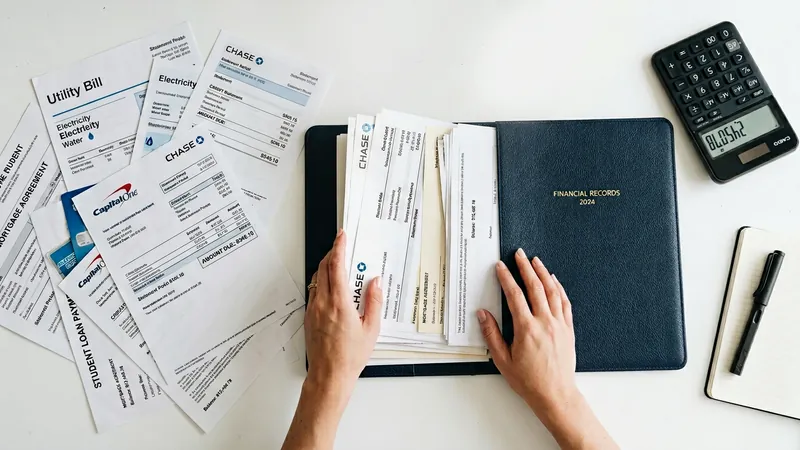 Person organizing multiple bills and credit card statements into one consolidated document