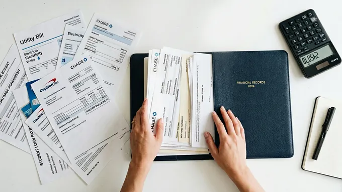 Person organizing multiple bills and credit card statements into one consolidated document