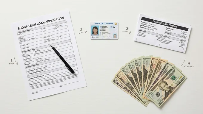 Step-by-step payday loan process illustrated with application form, ID, and paycheck stub