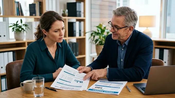 Person with low credit score reviewing installment loan repayment plan with financial advisor