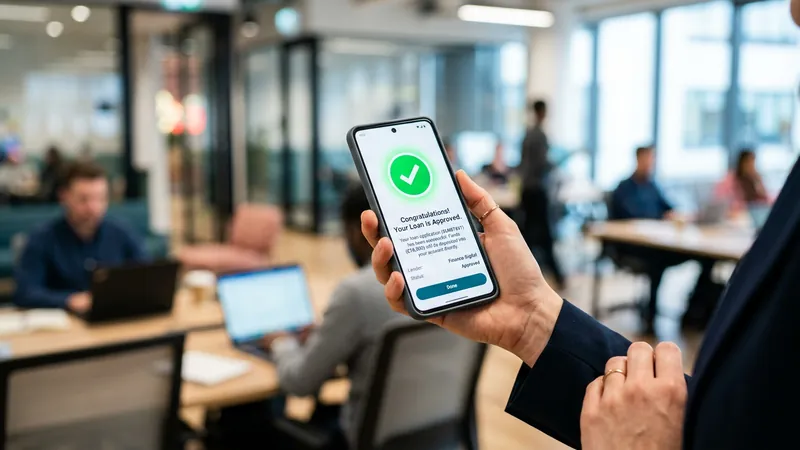 Smartphone screen showing instant loan approval notification with green checkmark