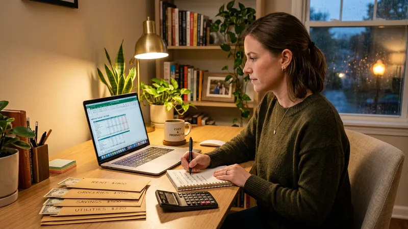 Person budgeting with laptop, notebook, and financial planning tools on organized desk