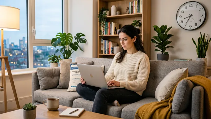 Person applying for online payday loan on laptop from home couch