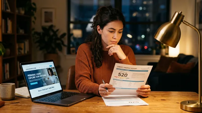Person with concerned expression reviewing credit score report while researching loan options