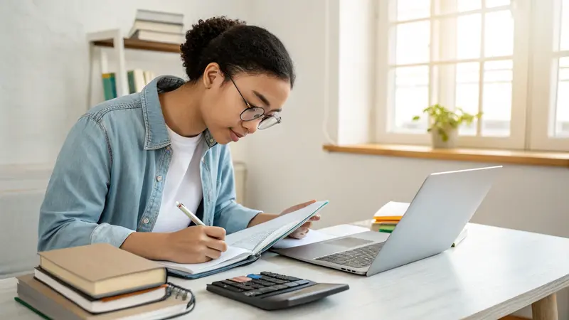 Student reviewing loan documents at desk with calculator and laptop