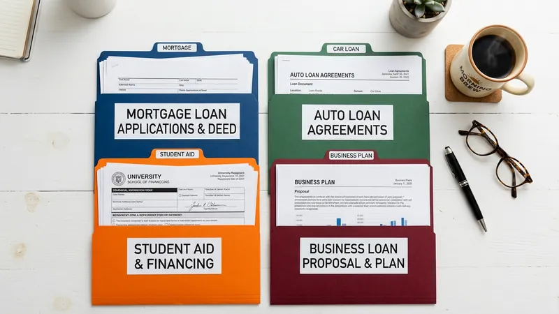 Financial planning desk with different loan type documents organized neatly for comparison