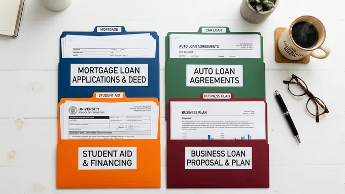 Financial planning desk with different loan type documents organized neatly for comparison