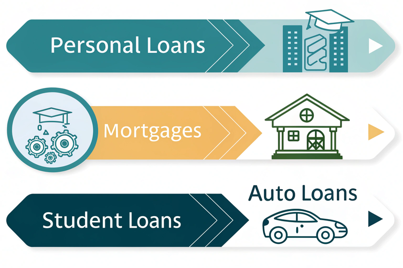 A collage of images representing different loan types: a graduation cap for student loans, a house for mortgages, a car for auto loans