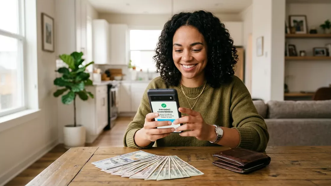 Person receiving cash advance funds on mobile phone with money and wallet on table