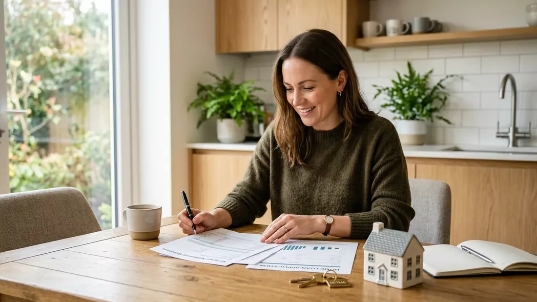 Homeowner reviewing home equity loan paperwork at kitchen table with house keys nearby