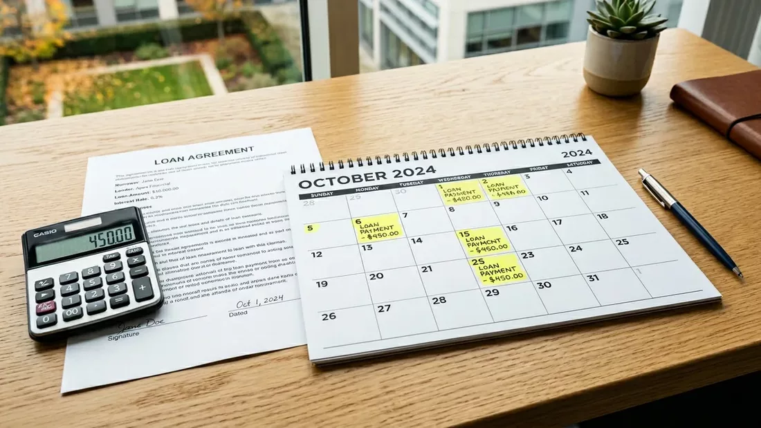 Calendar showing monthly installment payment schedule with calculator and loan agreement