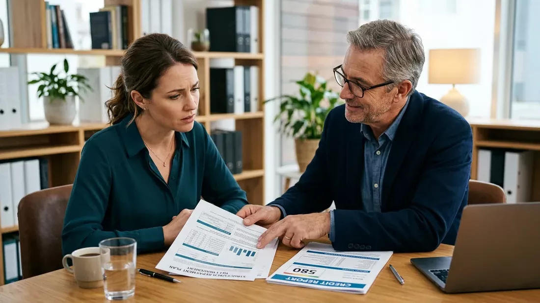 Person with low credit score reviewing installment loan repayment plan with financial advisor