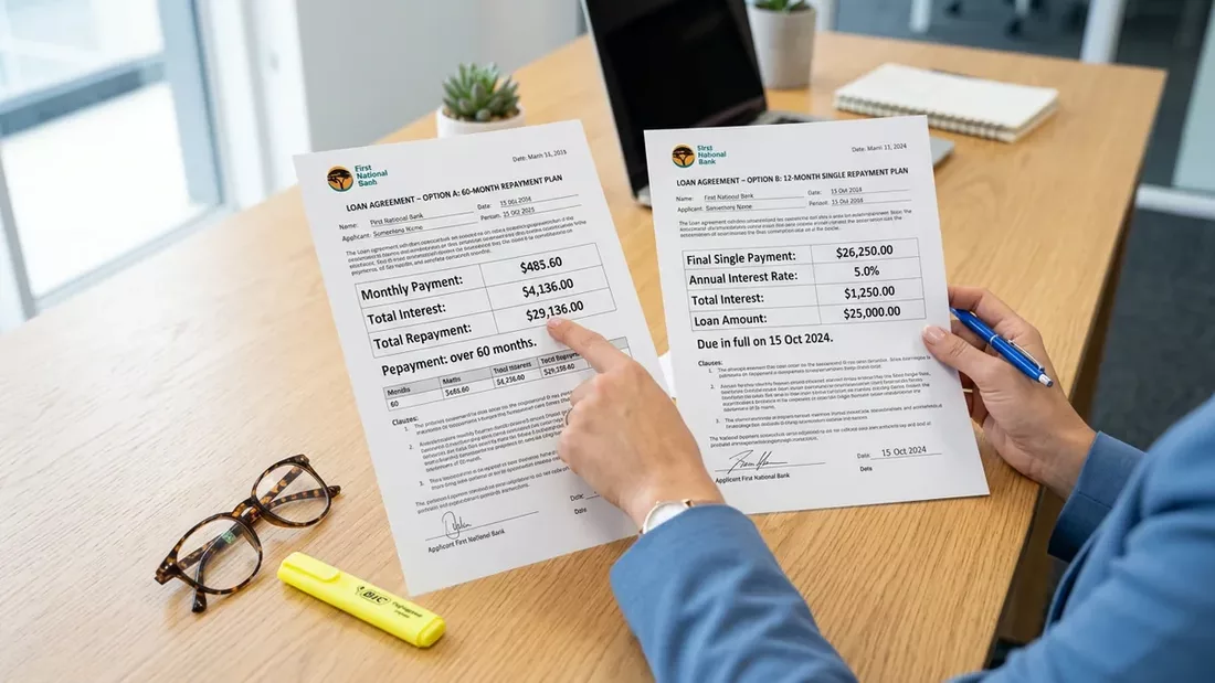 Side-by-side comparison of installment loan and payday loan documents on a desk