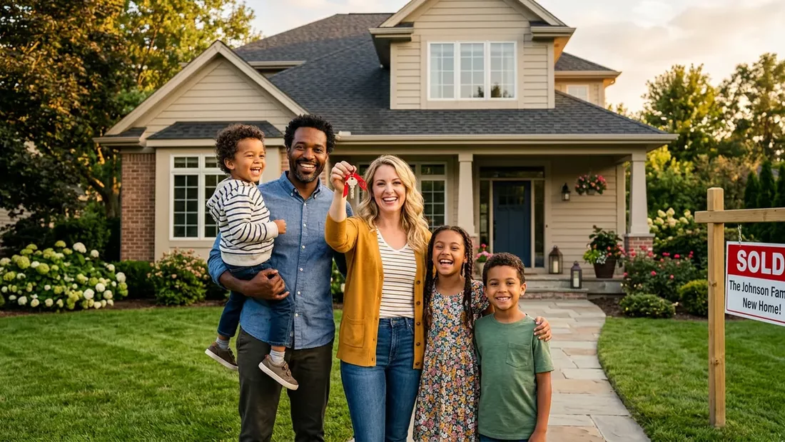 Happy family holding keys in front of their new home after mortgage approval