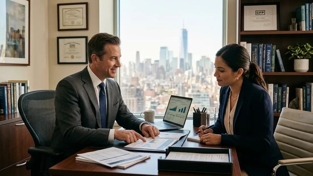 Financial advisor explaining private loan terms to client in professional office