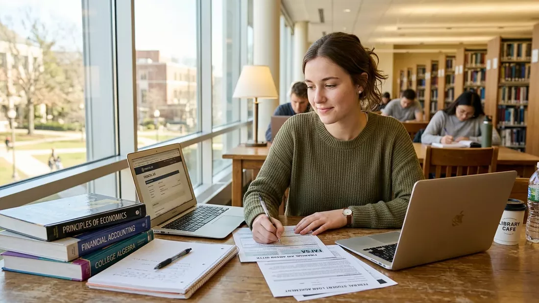 College student studying financial aid documents in university library